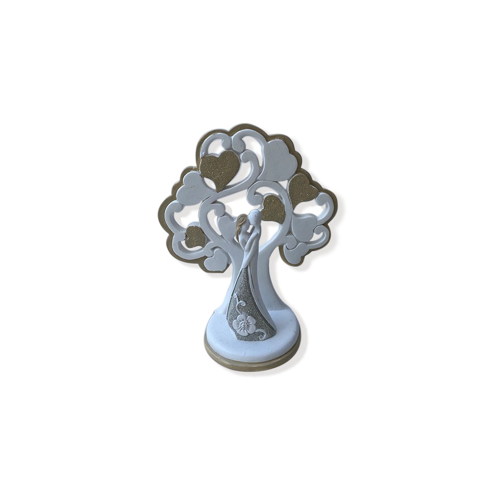 Scultura sposi in legno e resina con decoro a cuori