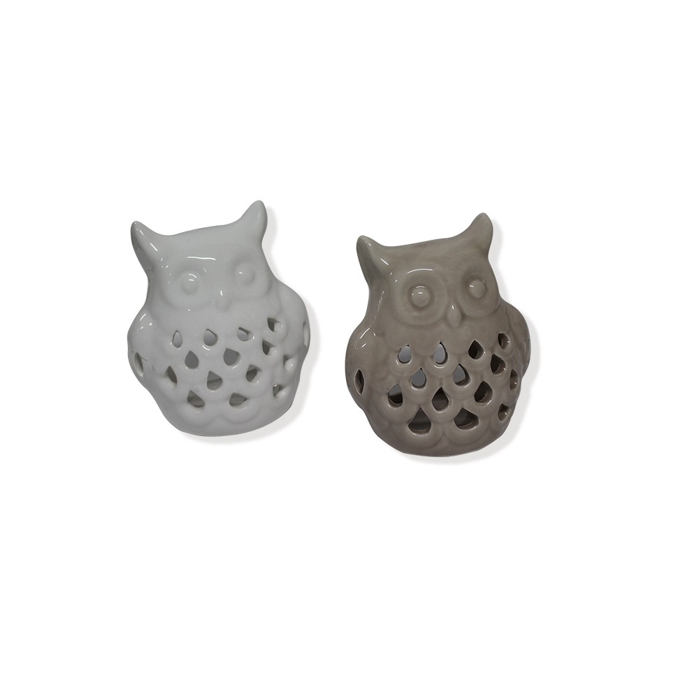 Coppia di gufi in porcellana bianco e tortora tea light 2 pezzi