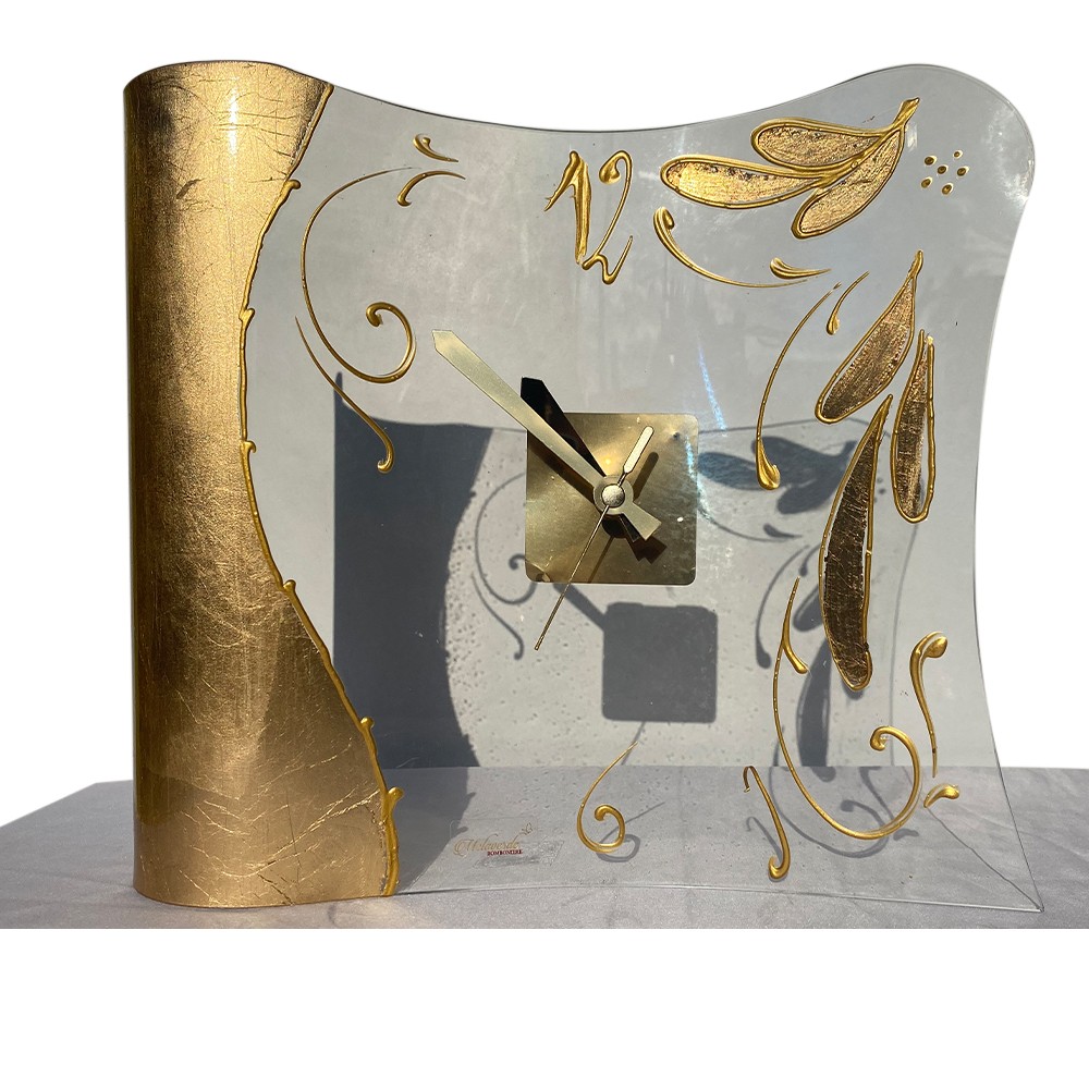 Orologio in vetro decorato a mano con foglia in oro